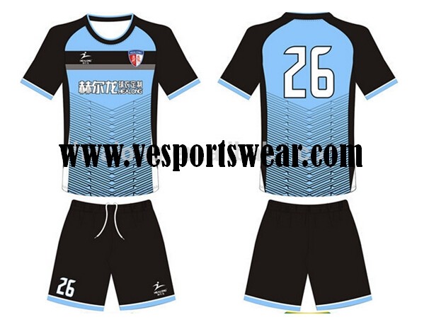 wholesale blue and blcck mens soccer uniform